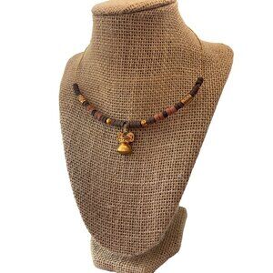 Handmade Colombian Choker Necklace Tribal Beaded Brass Pendant Bell Vase